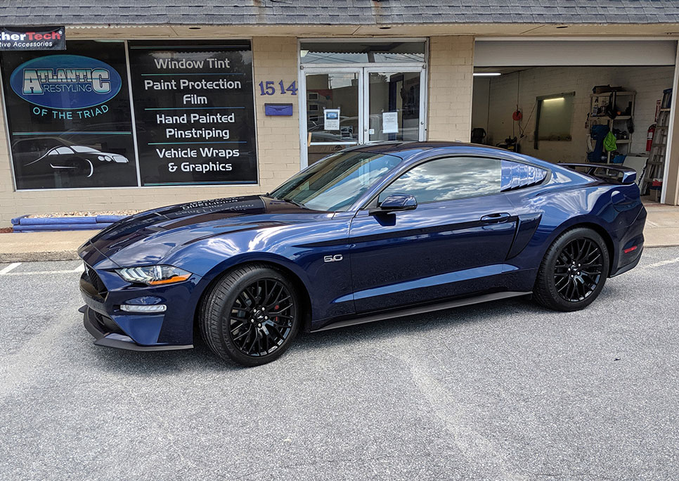 Blue Mustang with ceramic coating at Atlantic Tint and Wraps in Winston-Salem, NC
